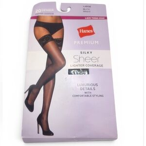 Hanes Premium Silky Sheer 20 Denier Black Lace Thigh High Size L New in Package